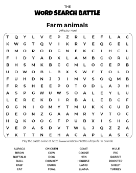 Printable Hard Farm Animals Word Search