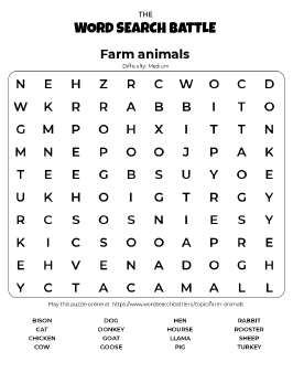 Printable Farm Animals Word Search Preview
