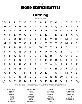 Printable Hard Farming Word Search