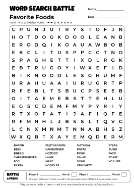Printable Favorite Foods Word Search