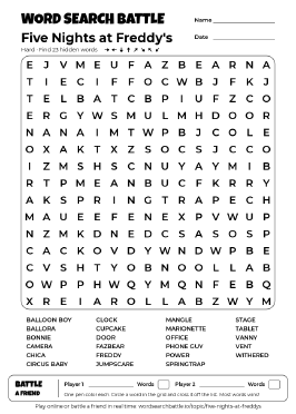 Printable Five Nights at Freddy's Word Search