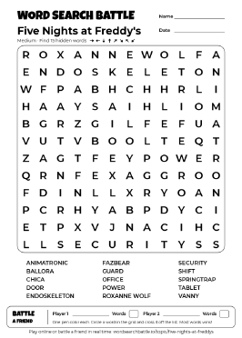 Printable Five Nights at Freddy's Word Search Preview
