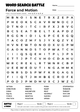 Printable Force and Motion Word Search