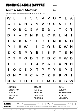 Printable Force and Motion Word Search