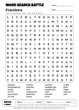Printable Hard Fractions Word Search