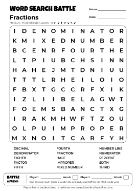 Printable Fractions Word Search Preview