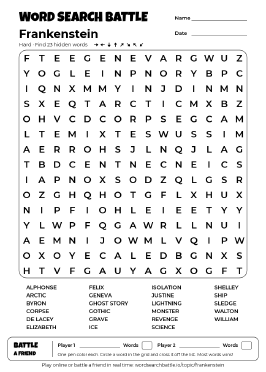 Printable Hard Frankenstein Word Search