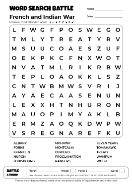 Printable French and Indian War Word Search