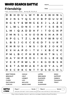 Printable Friendship Word Search