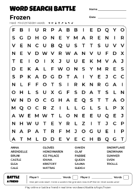 Printable Hard Frozen Word Search
