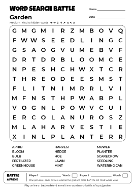 Printable Medium Garden Word Search