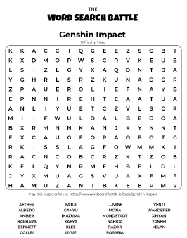 Printable Genshin Impact Word Search
