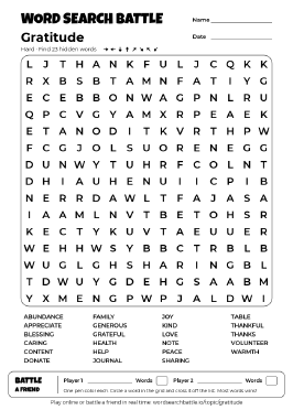 Printable Gratitude Word Search