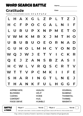 Printable Gratitude Word Search
