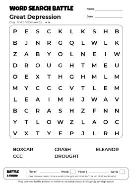 Printable Great Depression Word Search