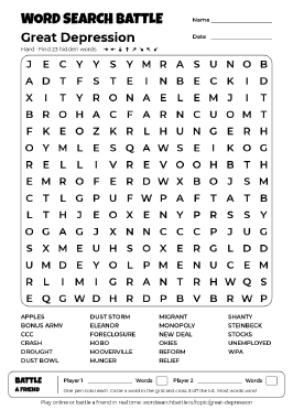 Printable Great Depression Word Search