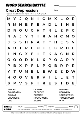 Printable Great Depression Word Search