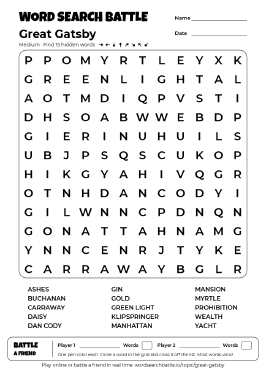 Printable Great Gatsby Word Search Preview