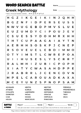 Printable Greek Mythology Word Search