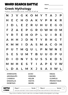 Printable Greek Mythology Word Search