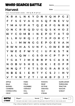 Printable Hard Harvest Word Search
