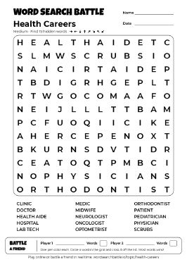 Printable Health Careers Word Search Preview