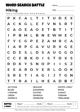 Printable Medium Hiking Word Search