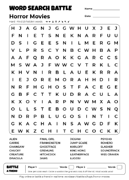 Printable Horror Movies Word Search