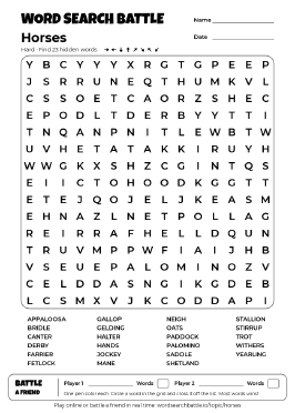 Printable Horses Word Search