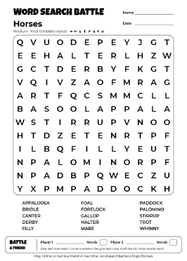 Printable Horses Word Search