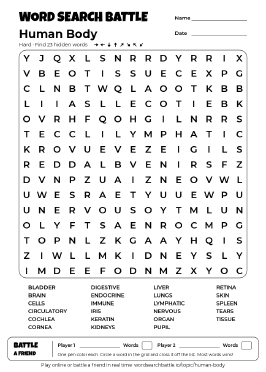 Printable Hard Human Body Word Search