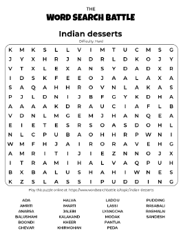 Printable Indian Desserts Word Search