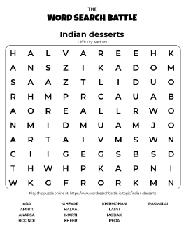 Printable Indian Desserts Word Search