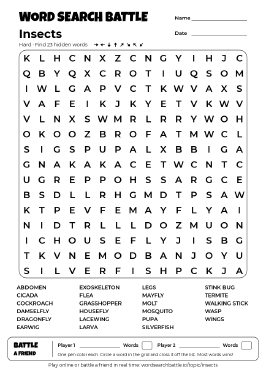 Printable Hard Insects Word Search