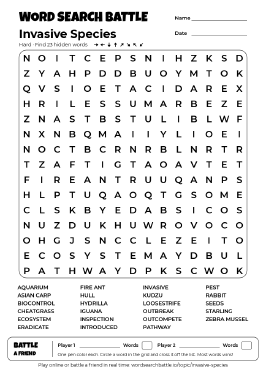Printable Hard Invasive Species Word Search