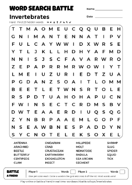 Printable Invertebrates Word Search