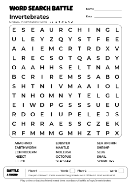 Printable Invertebrates Word Search
