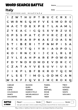 Printable Italy Word Search