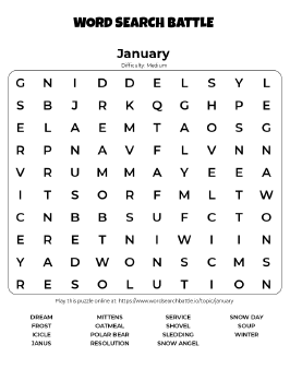 Printable January Word Search