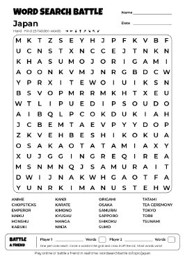 Printable Japan Word Search
