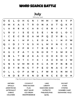 Printable Hard July Word Search