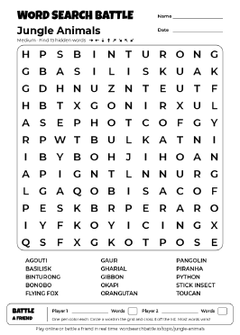 Printable Jungle Animals Word Search
