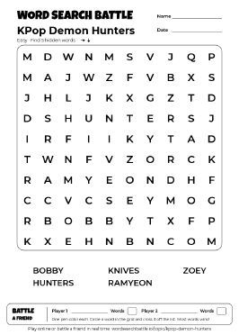 Printable KPop Demon Hunters Word Search
