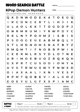 Printable KPop Demon Hunters Word Search