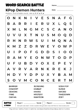 Printable KPop Demon Hunters Word Search Preview