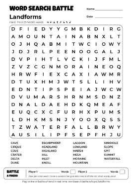Printable Landforms Word Search