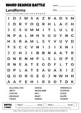Printable Landforms Word Search