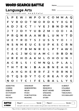 Printable Hard Language Arts Word Search