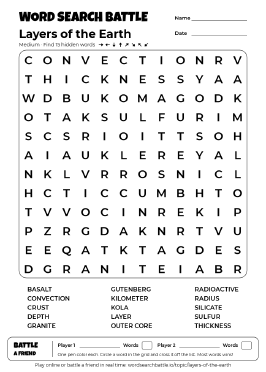 Printable Layers of the Earth Word Search