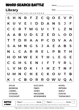 Printable Medium Library Word Search